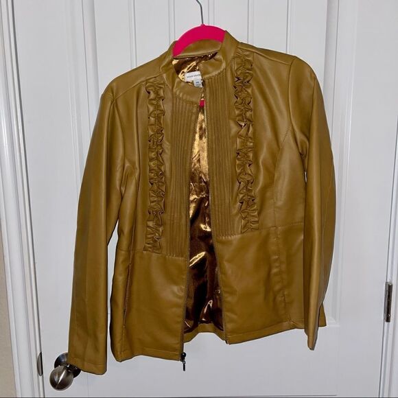 Susan Graver Vintage Tan Faux Leather Ruffle Jacket; SZ XXS; Great Condition - Picture 4 of 6